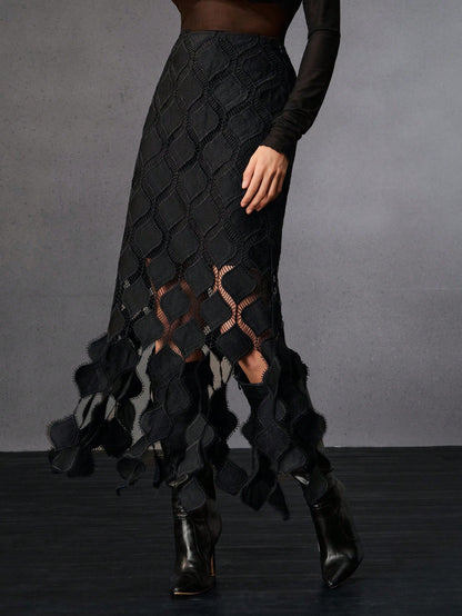 Anewsta Women's New Black Heart Lace Tassel Skirt, Elegant & European & American Street Style, Suitable For Winter