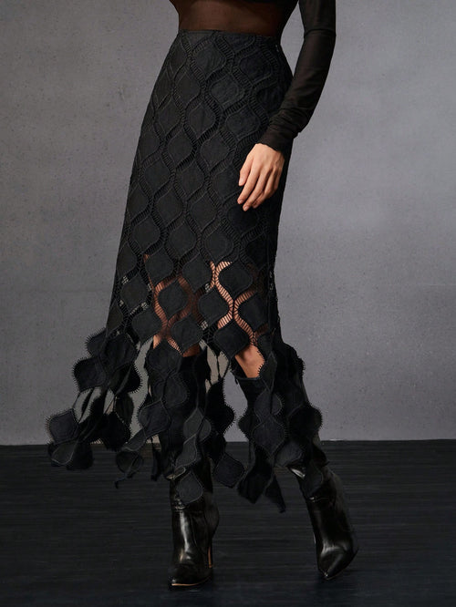 Anewsta Women's New Black Heart Lace Tassel Skirt, Elegant & European & American Street Style, Suitable For Winter