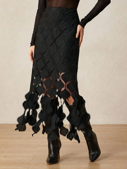 Anewsta Women's New Black Heart Lace Tassel Skirt, Elegant & European & American Street Style, Suitable For Winter