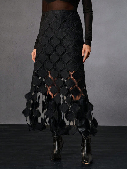 Anewsta Women's New Black Heart Lace Tassel Skirt, Elegant & European & American Street Style, Suitable For Winter