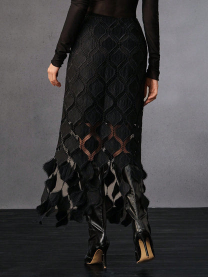 Anewsta Women's New Black Heart Lace Tassel Skirt, Elegant & European & American Street Style, Suitable For Winter