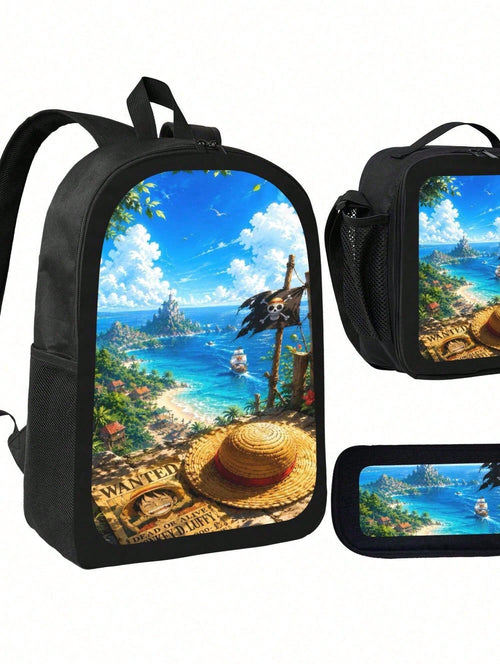 Anime Straw Hat Print 3-Piece Backpack Set With Insulated Lunch Box And Pencil Case For School And Travel.