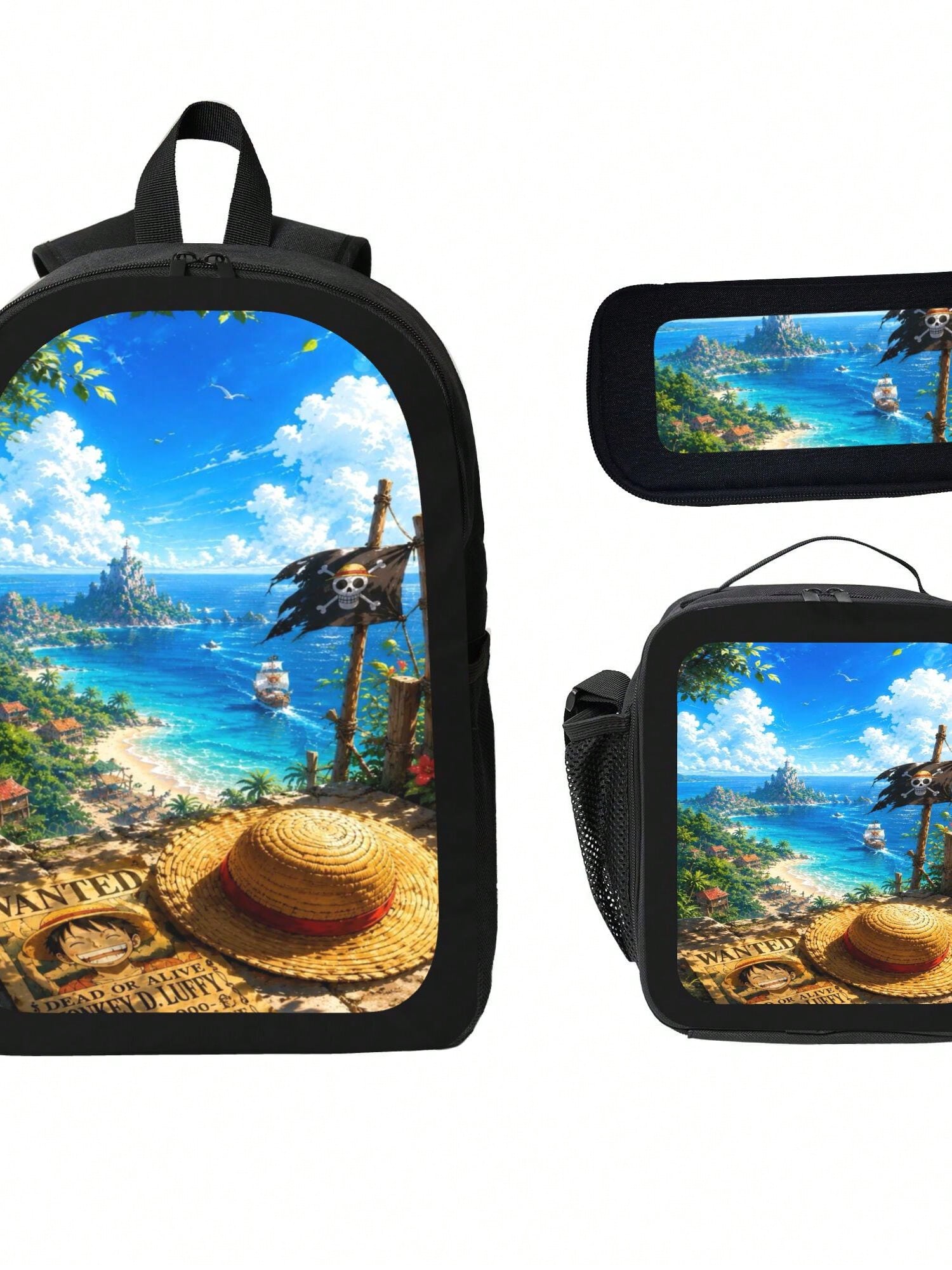 Anime Straw Hat Print 3-Piece Backpack Set With Insulated Lunch Box And Pencil Case For School And Travel.