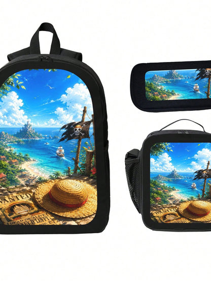 Anime Straw Hat Print 3-Piece Backpack Set With Insulated Lunch Box And Pencil Case For School And Travel.