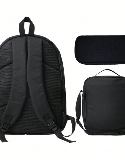 Anime Straw Hat Print 3-Piece Backpack Set With Insulated Lunch Box And Pencil Case For School And Travel.