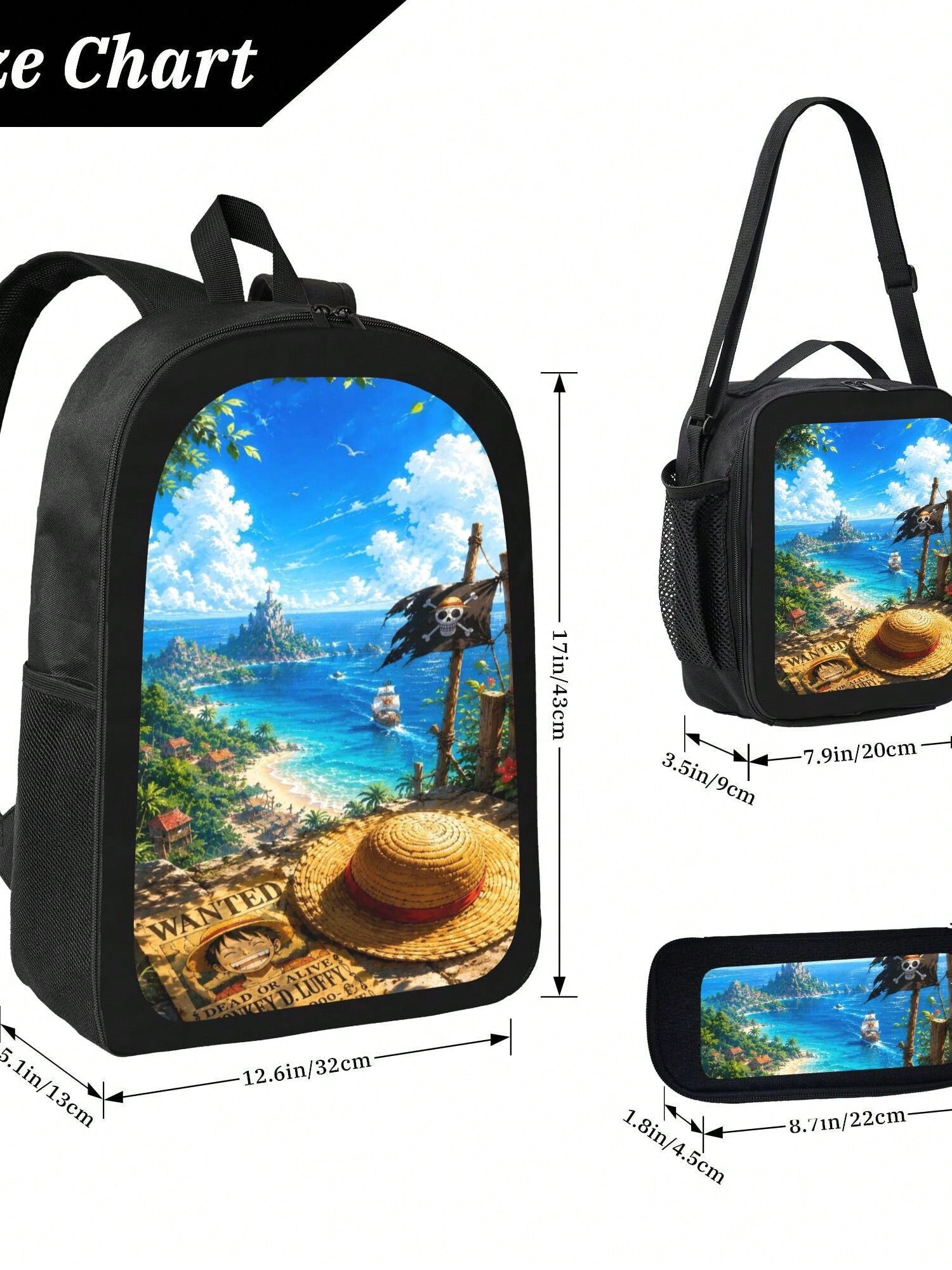 Anime Straw Hat Print 3-Piece Backpack Set With Insulated Lunch Box And Pencil Case For School And Travel.