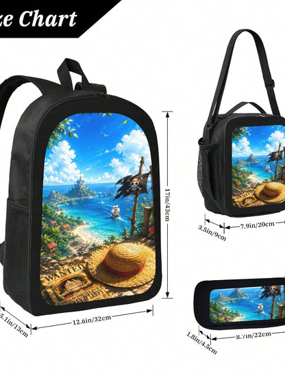 Anime Straw Hat Print 3-Piece Backpack Set With Insulated Lunch Box And Pencil Case For School And Travel.