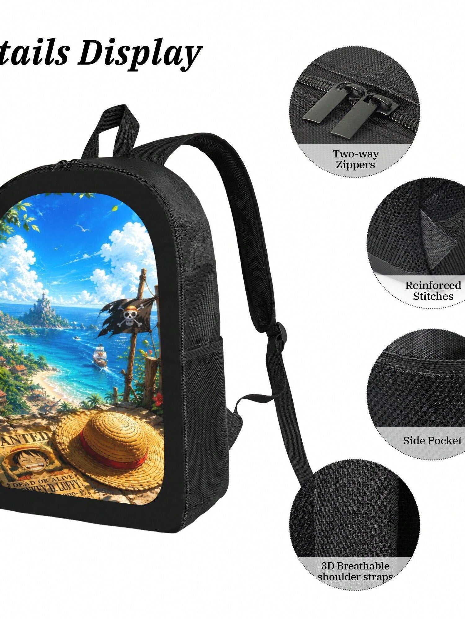 Anime Straw Hat Print 3-Piece Backpack Set With Insulated Lunch Box And Pencil Case For School And Travel.