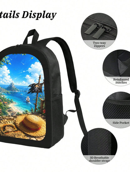 Anime Straw Hat Print 3-Piece Backpack Set With Insulated Lunch Box And Pencil Case For School And Travel.