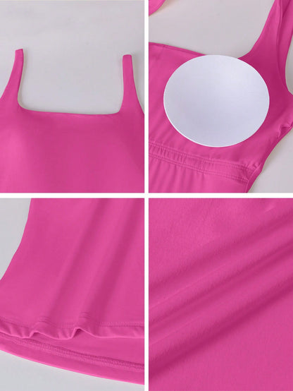 Aoqta Sports Women's Casual Knit Square Neck Cami Tank Top With Built-In Pads,Basic Solid Color Top For Yoga,Daily Wear,Training,Going Out,Business