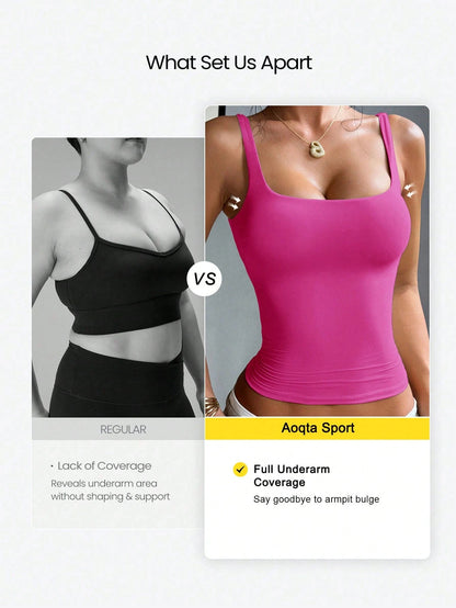 Aoqta Sports Women's Casual Knit Square Neck Cami Tank Top With Built-In Pads,Basic Solid Color Top For Yoga,Daily Wear,Training,Going Out,Business