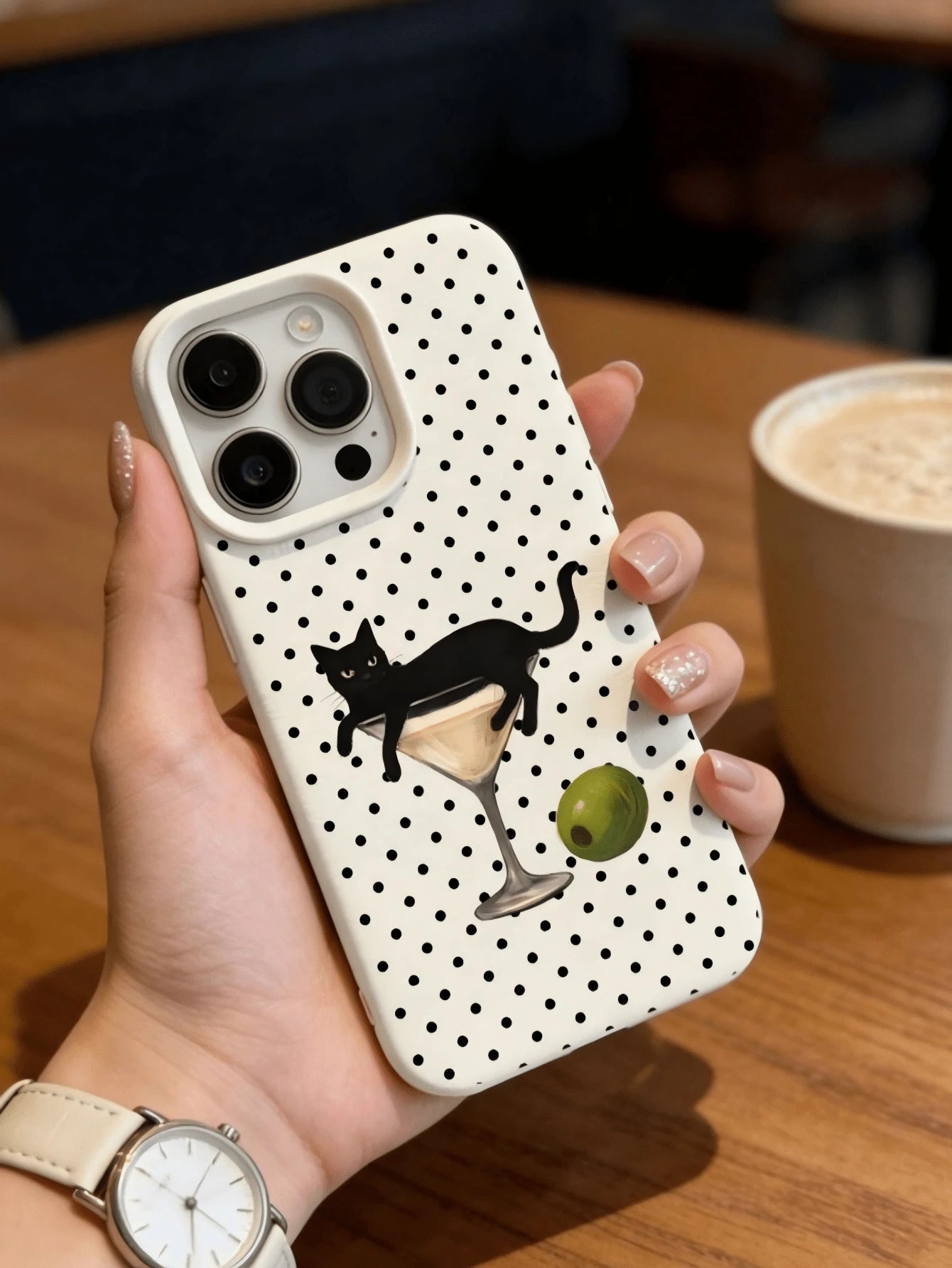 Artistic Style Cat Lying In Wine Glass Illustration Phone Case, Cream White Faux Leather Texture Matte Soft Shell, Compatible With IPhone17, 17pro, 17pro Max, 16, 16plus, 16pro Max, 16e, 16pro, 15, 15