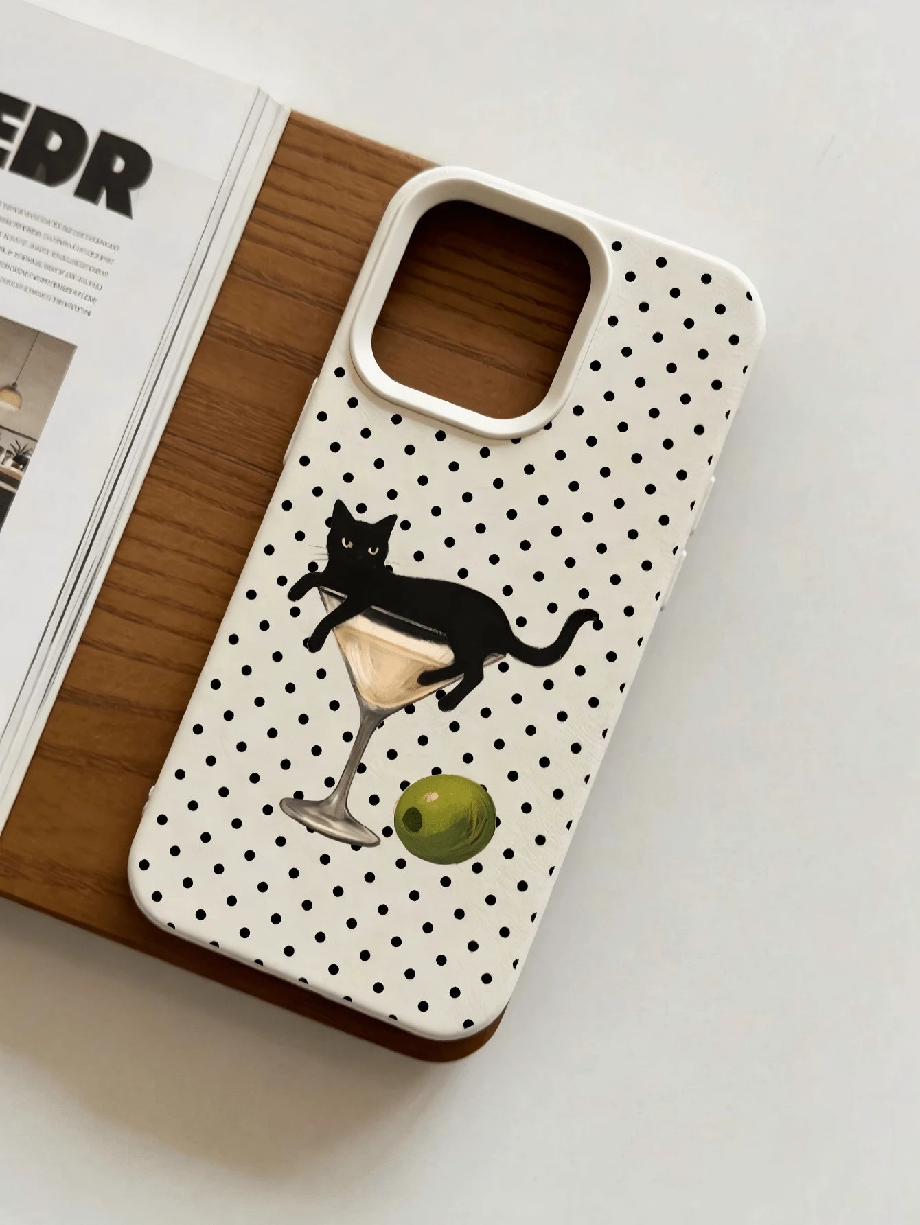 Artistic Style Cat Lying In Wine Glass Illustration Phone Case, Cream White Faux Leather Texture Matte Soft Shell, Compatible With IPhone17, 17pro, 17pro Max, 16, 16plus, 16pro Max, 16e, 16pro, 15, 15