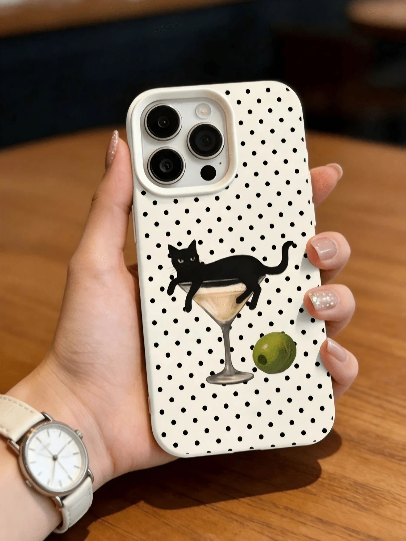 Artistic Style Cat Lying In Wine Glass Illustration Phone Case, Cream White Faux Leather Texture Matte Soft Shell, Compatible With IPhone17, 17pro, 17pro Max, 16, 16plus, 16pro Max, 16e, 16pro, 15, 15