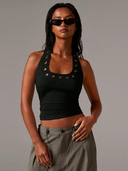 Athîral Women's Halterneck Stud Hardwear Eyelet Jersey Top