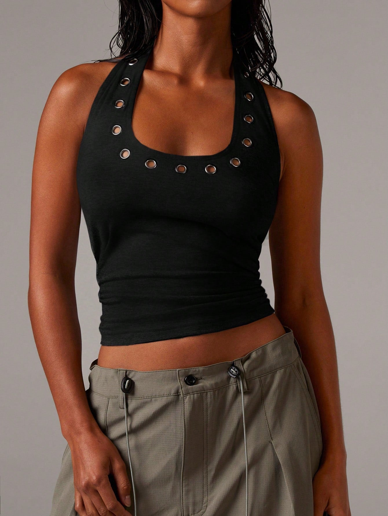 Athîral Women's Halterneck Stud Hardwear Eyelet Jersey Top