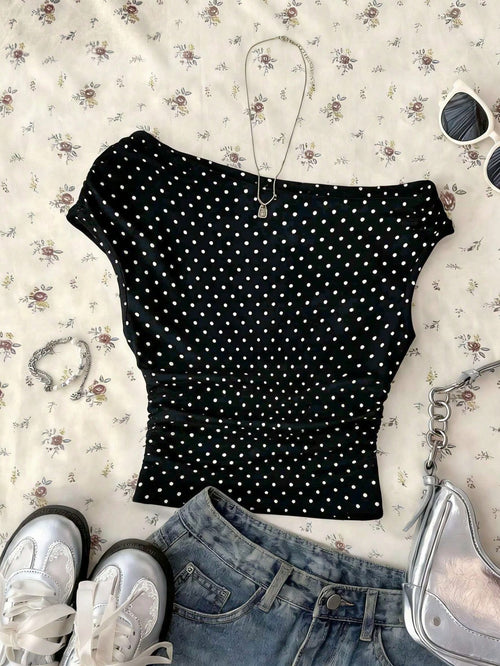 Attitoon Women's Asymmetric Ruched Cropped Top, Black & White Polka Dot Print,Summer Top