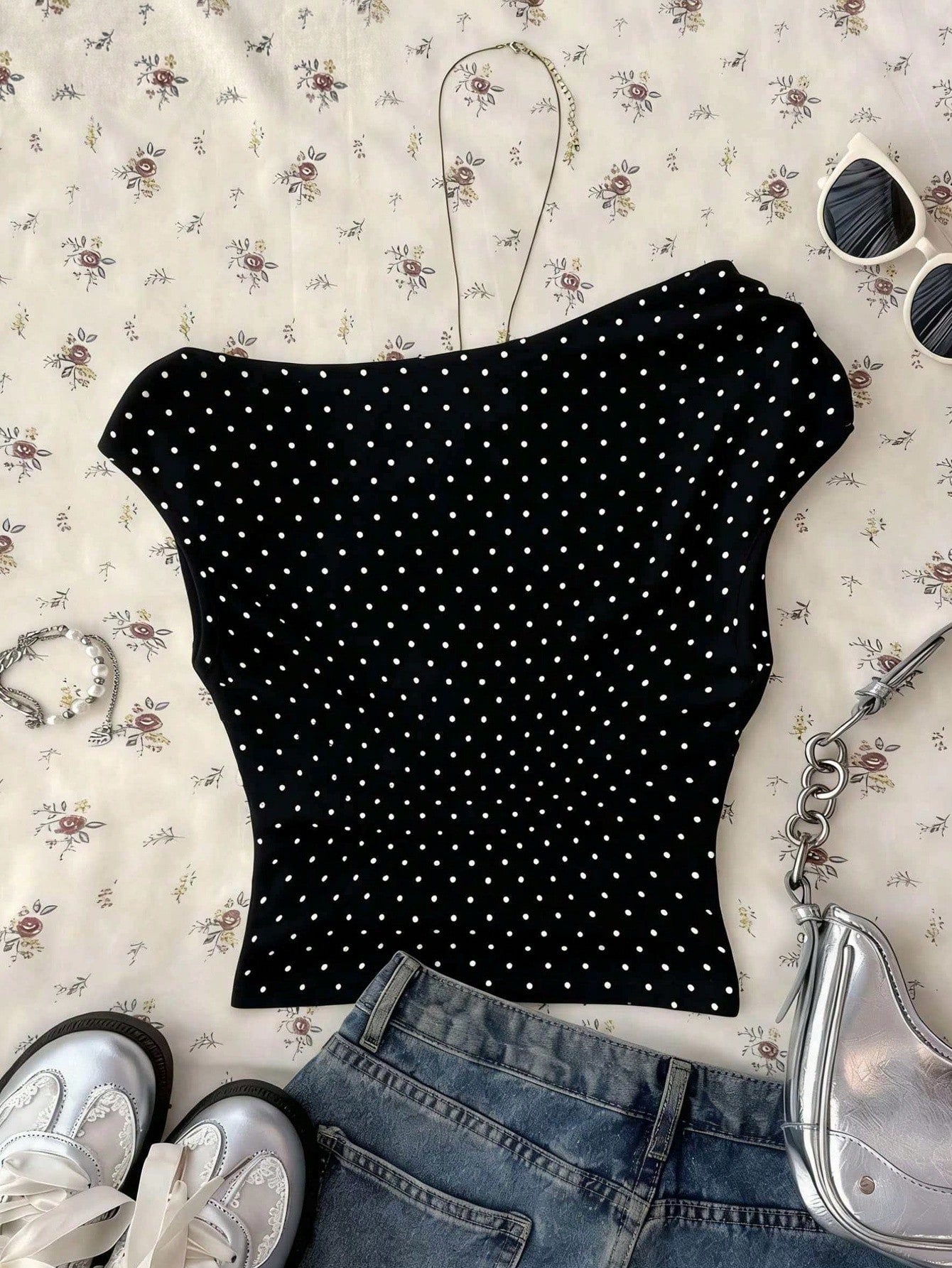 Attitoon Women's Asymmetric Ruched Cropped Top, Black & White Polka Dot Print,Summer Top