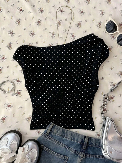 Attitoon Women's Asymmetric Ruched Cropped Top, Black & White Polka Dot Print,Summer Top