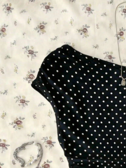 Attitoon Women's Asymmetric Ruched Cropped Top, Black & White Polka Dot Print,Summer Top