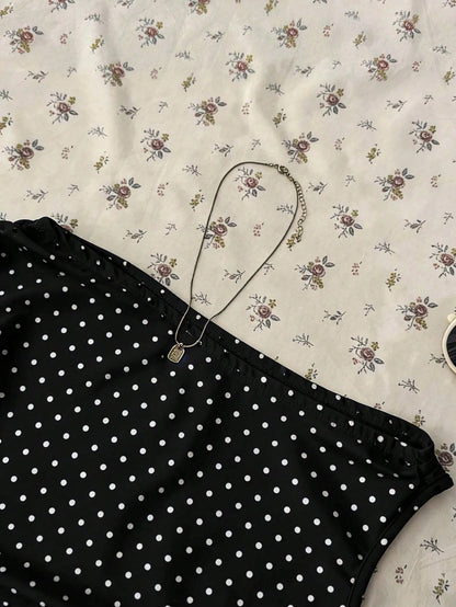 Attitoon Women's Asymmetric Ruched Cropped Top, Black & White Polka Dot Print,Summer Top