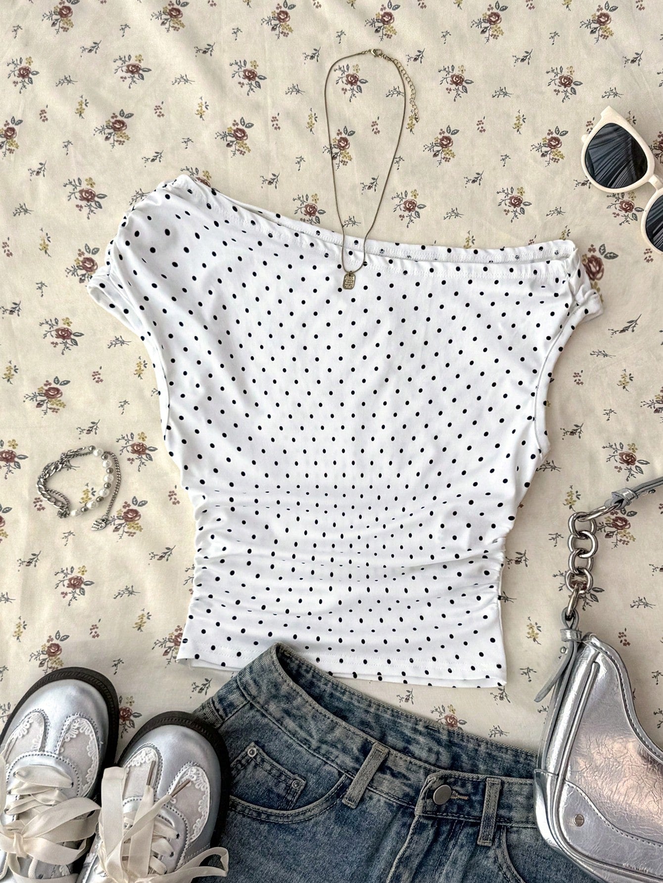 Attitoon Women's Asymmetric Ruched Cropped Top, Black & White Polka Dot Print,Summer Top