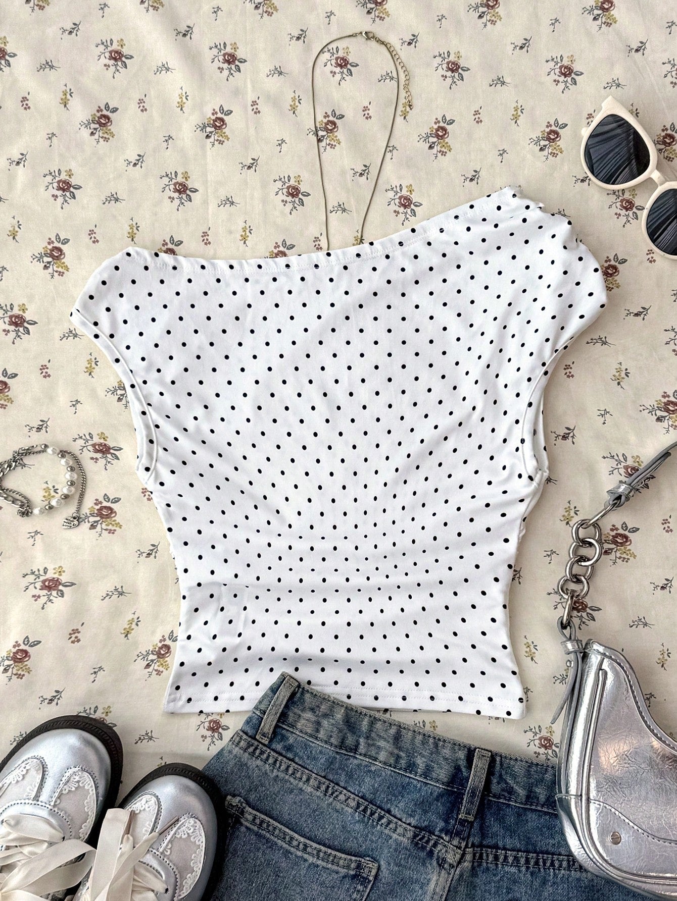 Attitoon Women's Asymmetric Ruched Cropped Top, Black & White Polka Dot Print,Summer Top