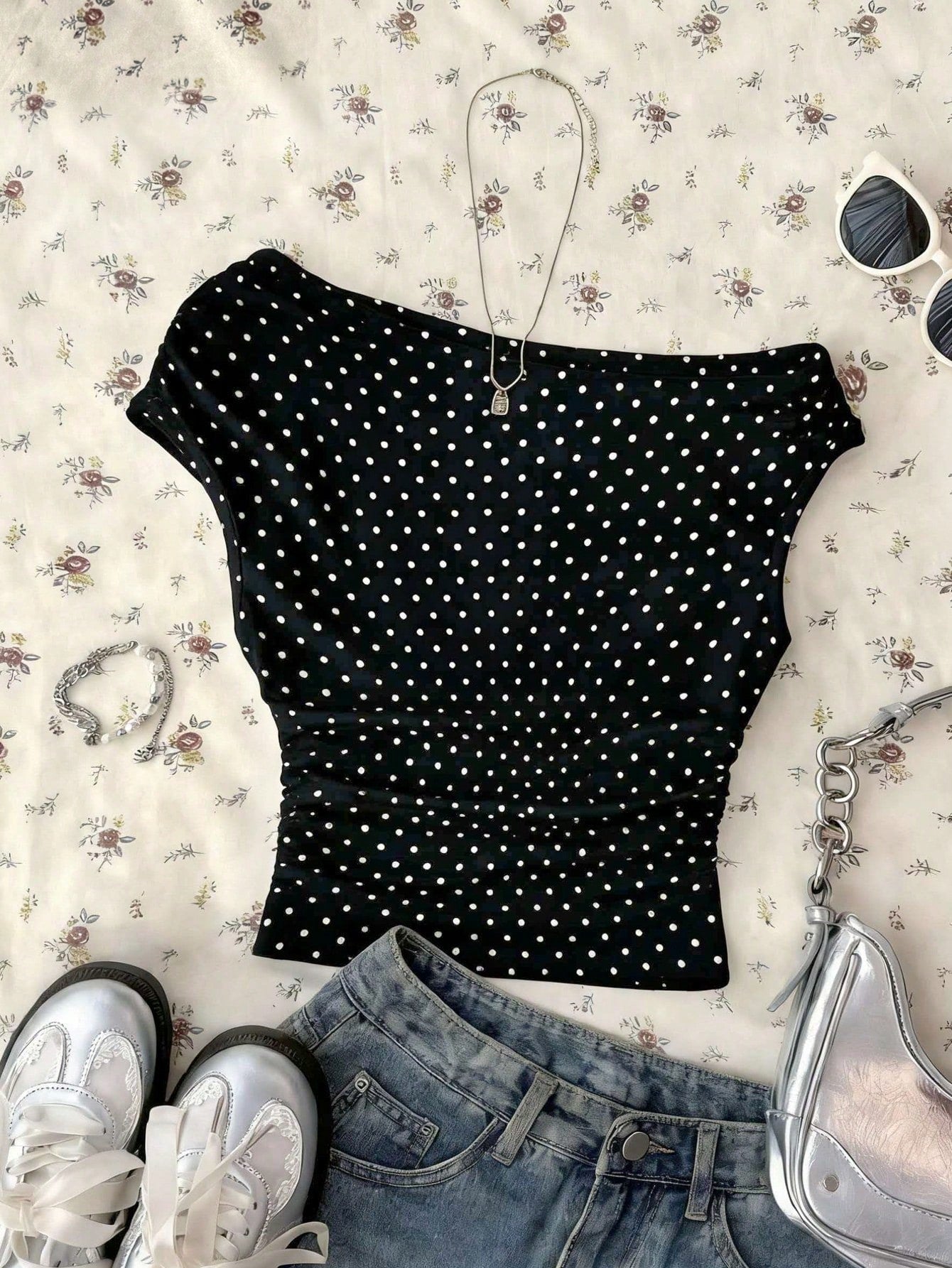 Attitoon Women's Asymmetric Ruched Cropped Top, Black & White Polka Dot Print,Summer Top