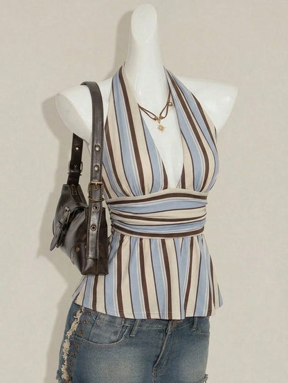 Attitoon Women's Brown Stripe V-Neck Backless Babydoll Camisole,90s Retro Summer Tank Top,Classy Vacation Festival Outfits,Elegant Y2K Clothing For Party,Beach
