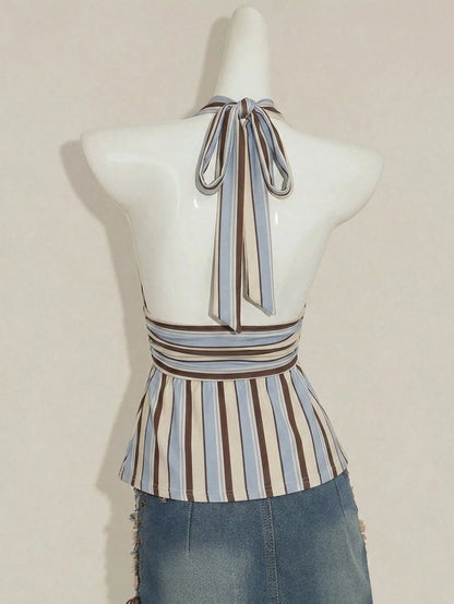 Attitoon Women's Brown Stripe V-Neck Backless Babydoll Camisole,90s Retro Summer Tank Top,Classy Vacation Festival Outfits,Elegant Y2K Clothing For Party,Beach
