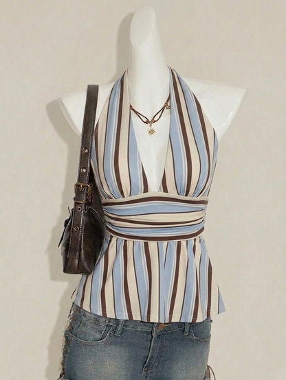 Attitoon Women's Brown Stripe V-Neck Backless Babydoll Camisole,90s Retro Summer Tank Top,Classy Vacation Festival Outfits,Elegant Y2K Clothing For Party,Beach