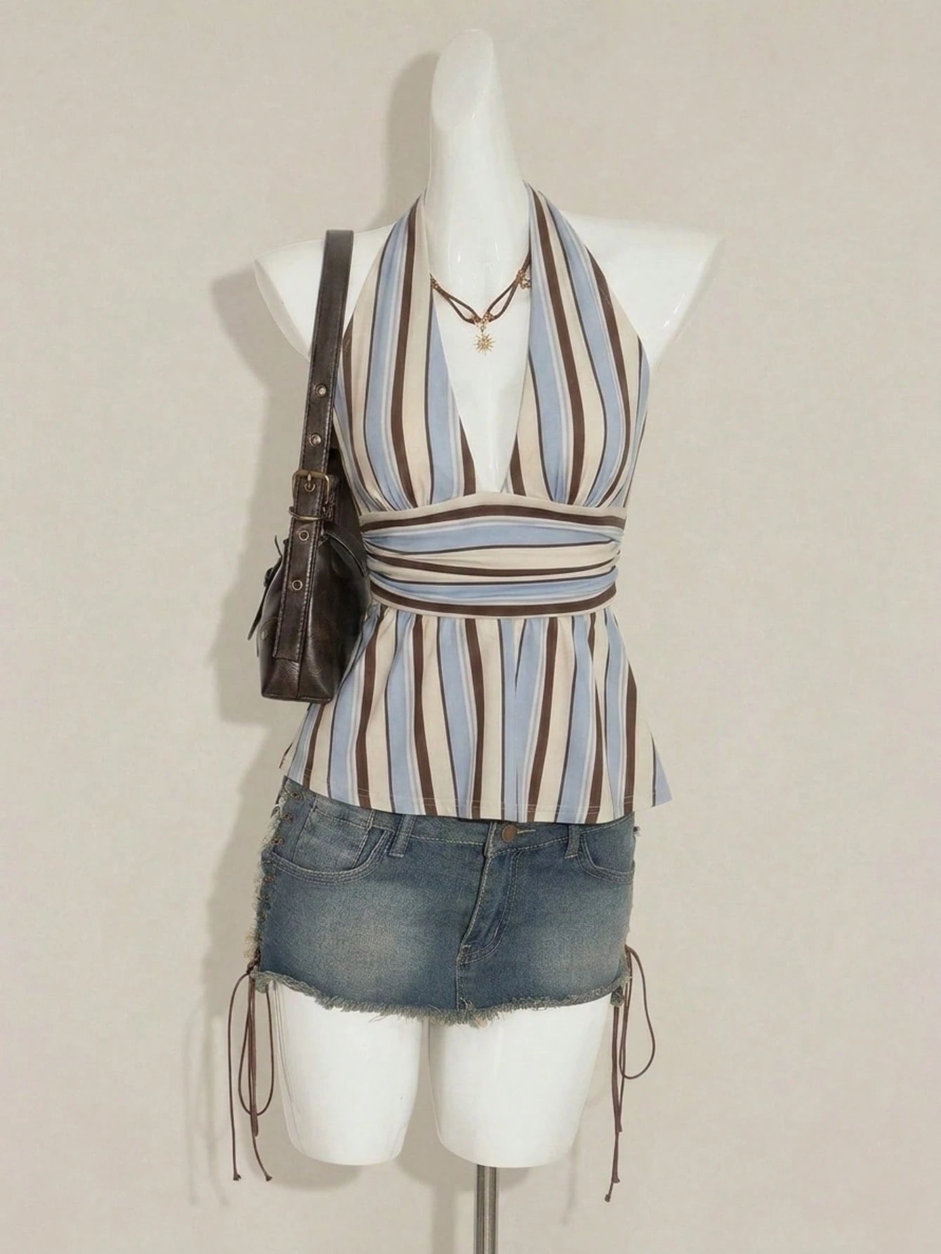 Attitoon Women's Brown Stripe V-Neck Backless Babydoll Camisole,90s Retro Summer Tank Top,Classy Vacation Festival Outfits,Elegant Y2K Clothing For Party,Beach