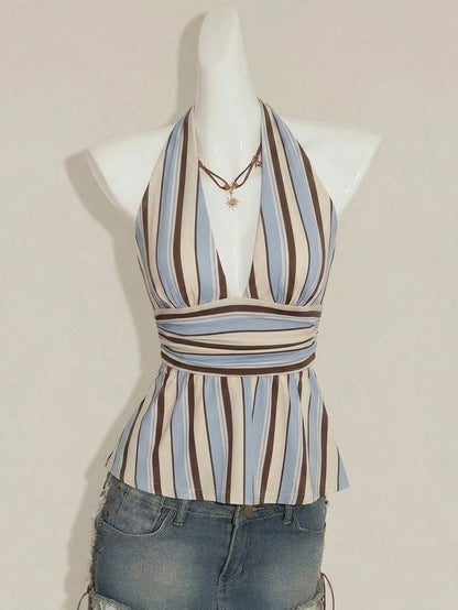 Attitoon Women's Brown Stripe V-Neck Backless Babydoll Camisole,90s Retro Summer Tank Top,Classy Vacation Festival Outfits,Elegant Y2K Clothing For Party,Beach