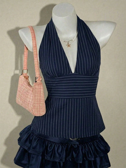 Attitoon Women's Brown Stripe V-Neck Backless Babydoll Camisole,90s Retro Summer Tank Top,Classy Vacation Festival Outfits,Elegant Y2K Clothing For Party,Beach