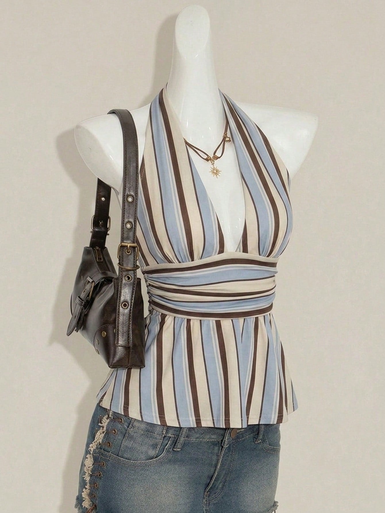 Attitoon Women's Brown Stripe V-Neck Backless Babydoll Camisole,90s Retro Summer Tank Top,Classy Vacation Festival Outfits,Elegant Y2K Clothing For Party,Beach
