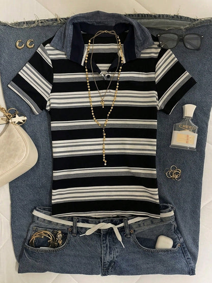 Attitoon Women's Casual Striped Polo Collar Short Sleeve T-Shirt, Summer