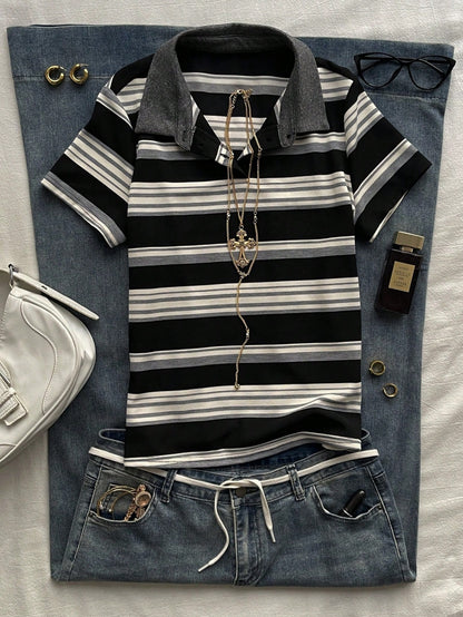 Attitoon Women's Casual Striped Polo Collar Short Sleeve T-Shirt, Summer