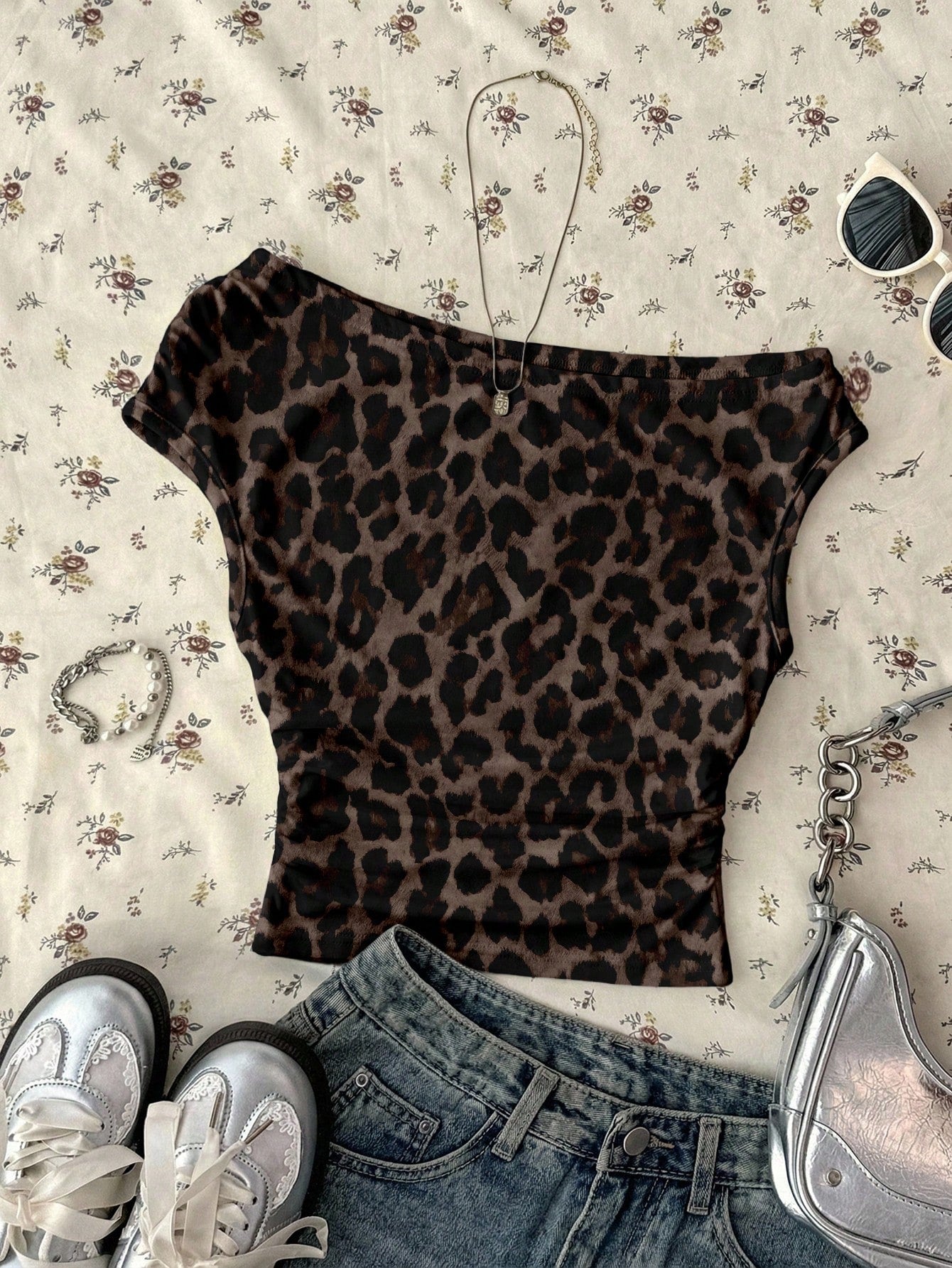 Attitoon Women's Leopard Print Summer Top, Chic Club Night Music Festival, Retro Punk Y2K Gothic Tight Asymmetric Ruched Cropped Top