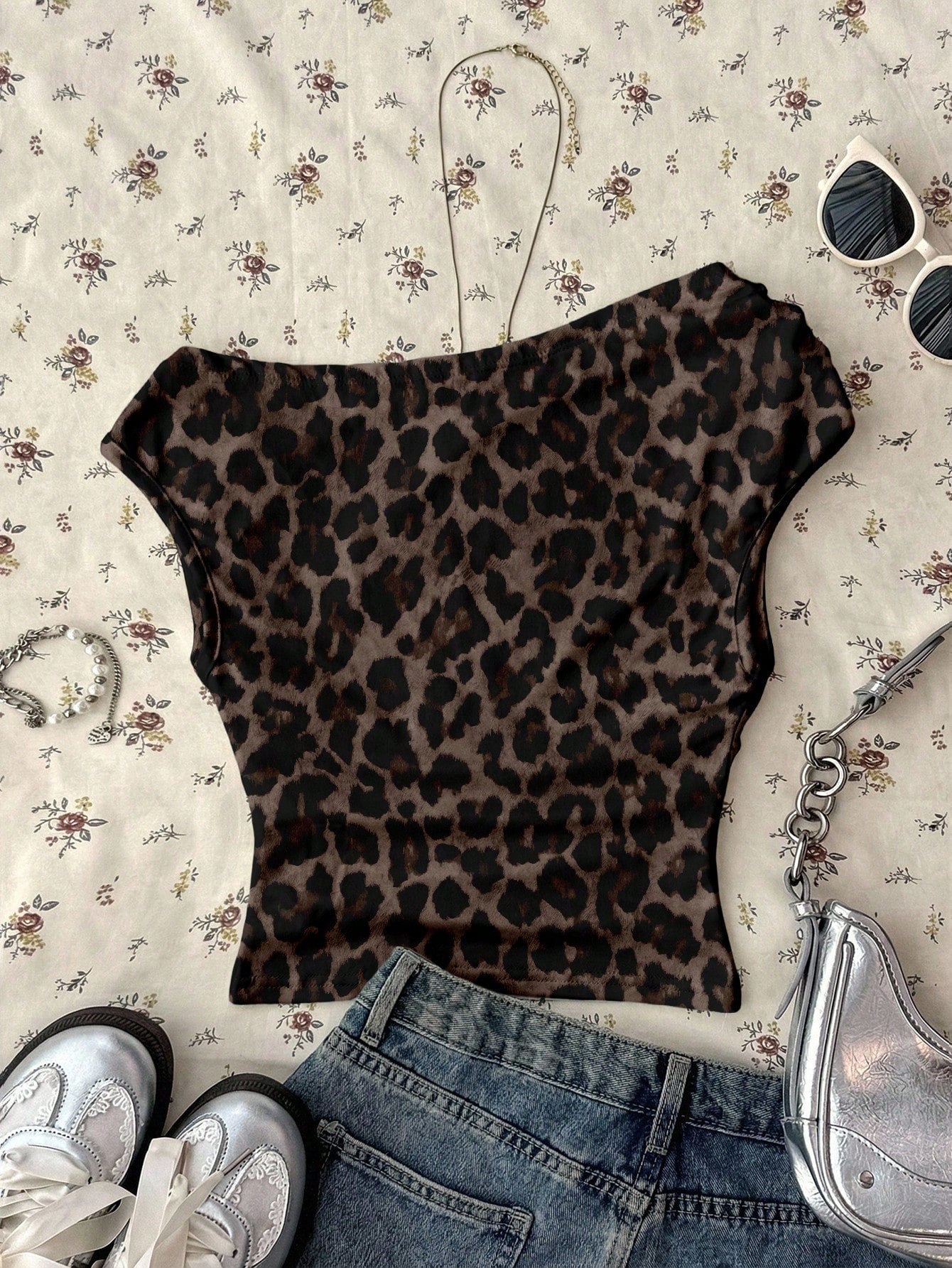 Attitoon Women's Leopard Print Summer Top, Chic Club Night Music Festival, Retro Punk Y2K Gothic Tight Asymmetric Ruched Cropped Top