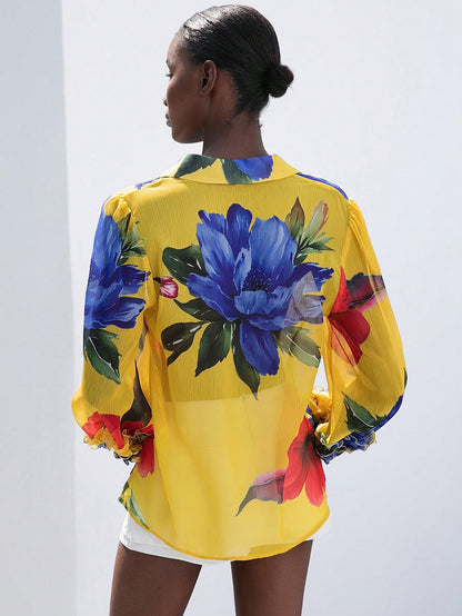 Aveloria Modichic Chiffon Contrast Color Floral Print Layered Flounce Cuff Long Sleeve Blouse Button Up Shirt Women  Fall Cloth For Women