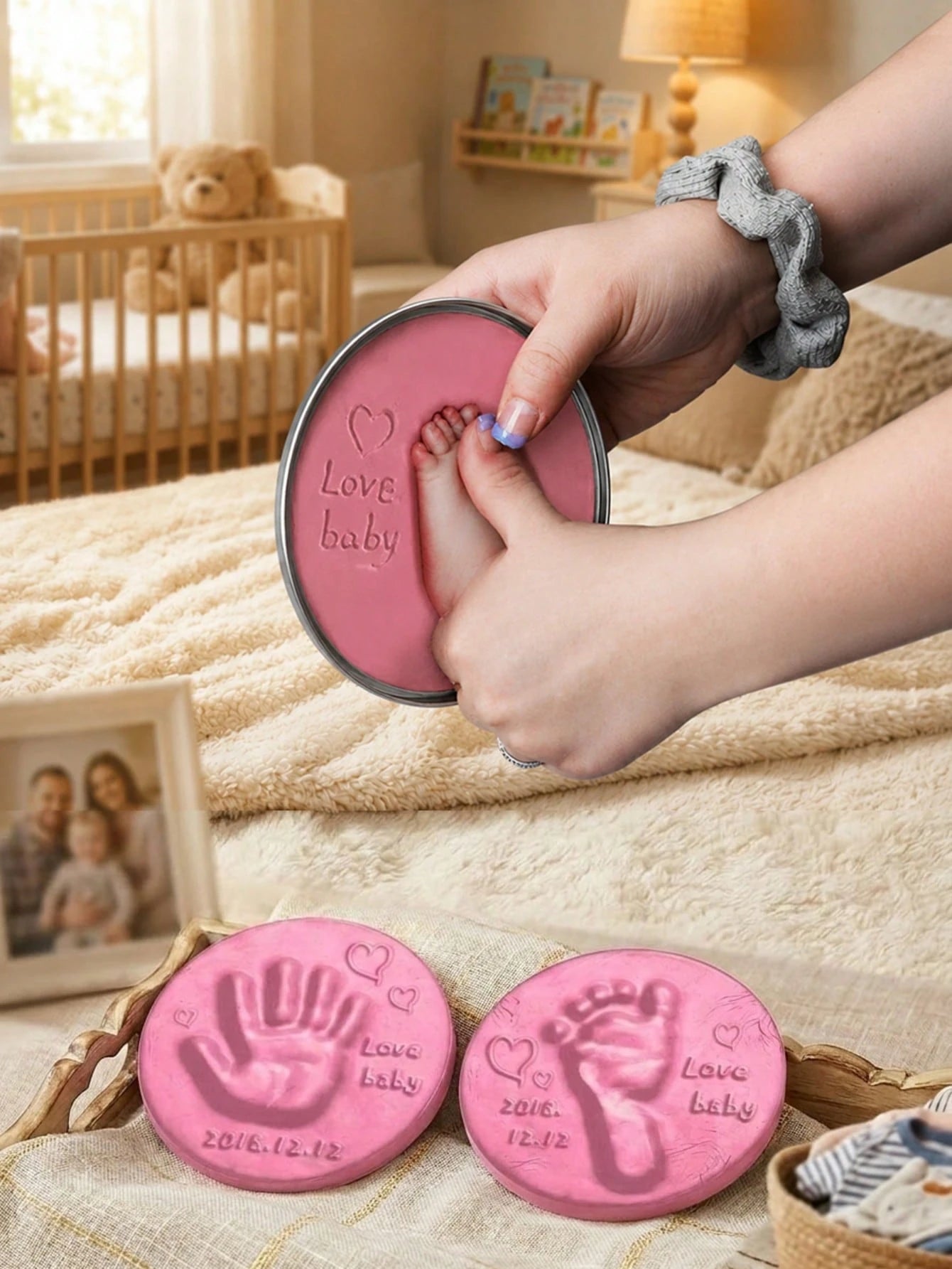 Baby 100 Days/1st Birthday Gift Newborn Growth Keepsake Clay For Baby Handprint And Footprint (Ribbon Not Included) S Size Mold Diameter 9cm M Size Mold Diameter 12cm (Random Mold Shape)