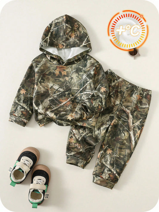 Baby Boy Camouflage Print Hoodie And Sweatpants Set,Sage Green,Autumn,Cow Boy,Date Fall Outfits Tracksuits,Loose Comfortable Thanksgiving Gift Set