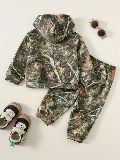 Baby Boy Camouflage Print Hoodie And Sweatpants Set,Sage Green,Autumn,Cow Boy,Date Fall Outfits Tracksuits,Loose Comfortable Thanksgiving Gift Set