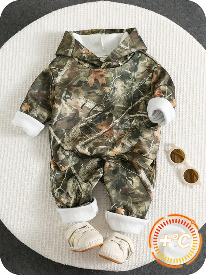 Baby Boy Camouflage Print Hoodie And Sweatpants Set,Sage Green,Autumn,Cow Boy,Date Fall Outfits Tracksuits,Loose Comfortable Thanksgiving Gift Set