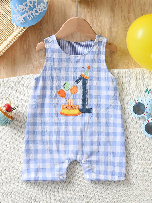 Baby Boy Casual Birthday Gift Plaid Embroidered Sleeveless Jumpsuit