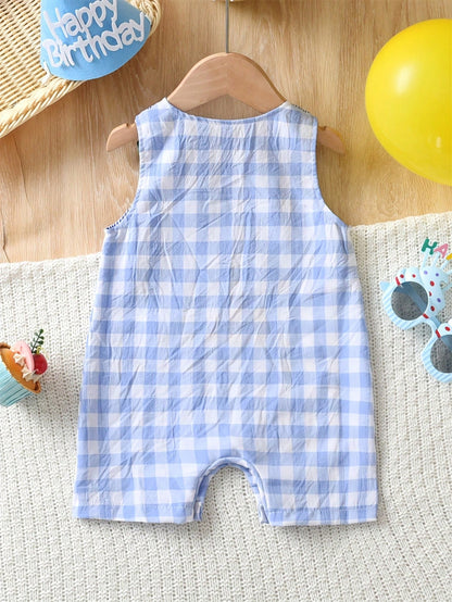 Baby Boy Casual Birthday Gift Plaid Embroidered Sleeveless Jumpsuit