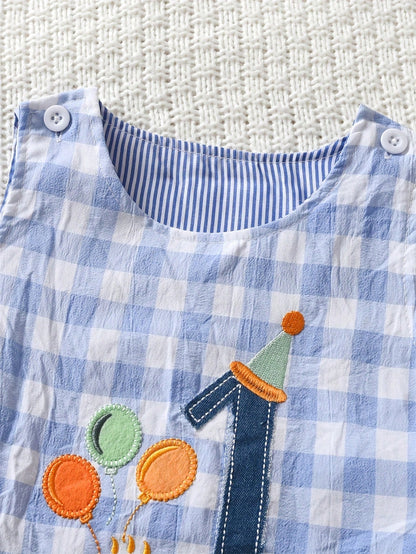 Baby Boy Casual Birthday Gift Plaid Embroidered Sleeveless Jumpsuit
