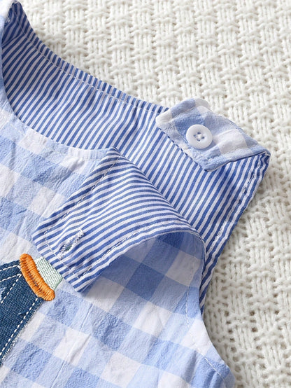 Baby Boy Casual Birthday Gift Plaid Embroidered Sleeveless Jumpsuit