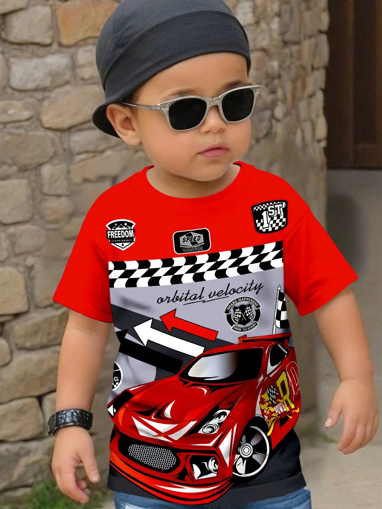 Baby Boy Casual Chic Motorsport Graphic Print Round Neck Short Sleeve T-Shirt, Fashionable For Summer