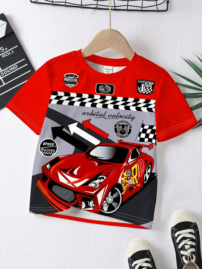 Baby Boy Casual Chic Motorsport Graphic Print Round Neck Short Sleeve T-Shirt, Fashionable For Summer